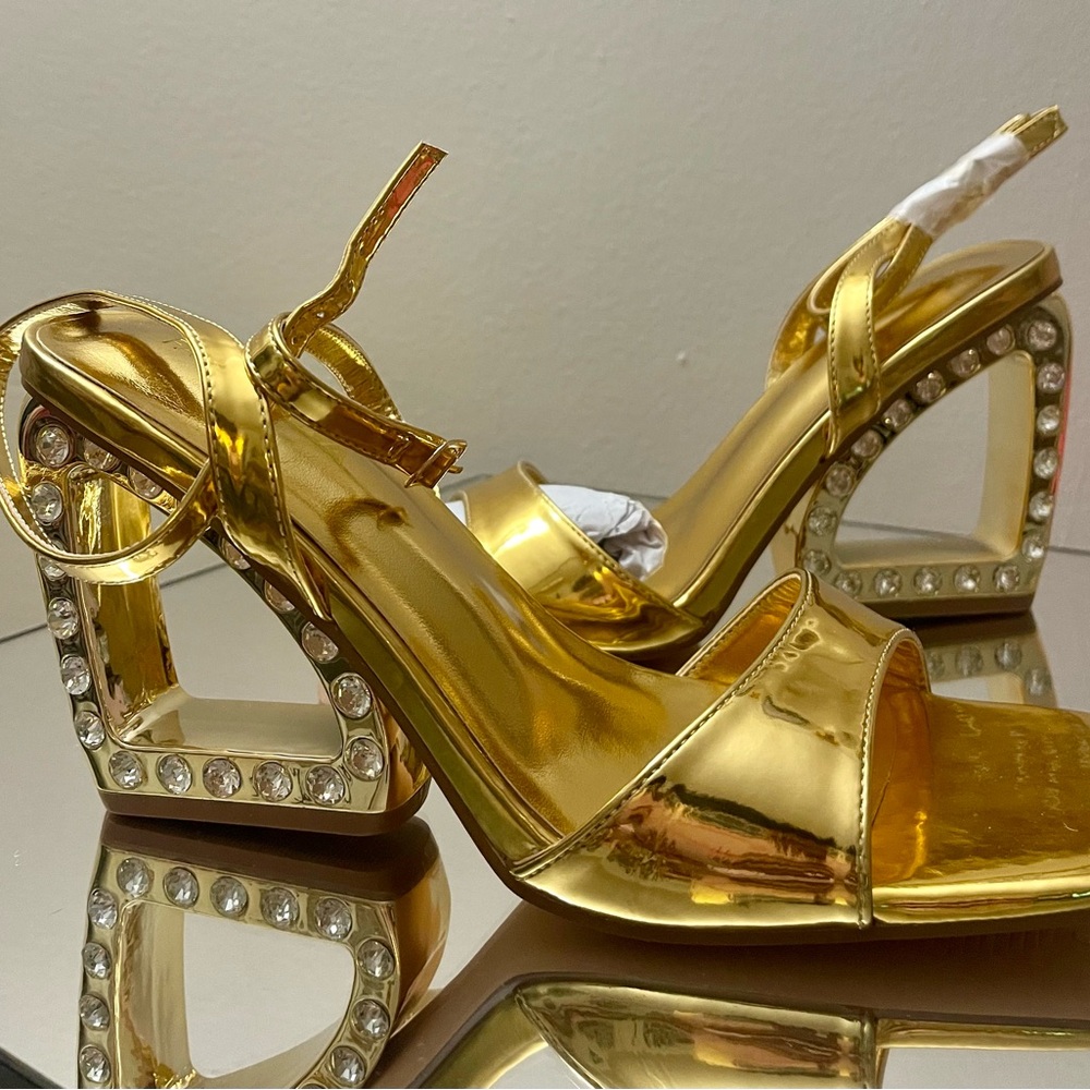 Fashion Nova Gold Strappy Heels with Crystal Accents